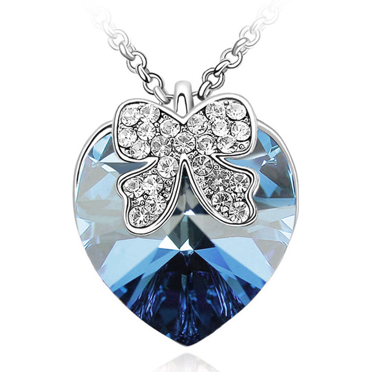 Heart with Bow Pendant Necklace w/ Swarovski Crystals Bermuda Blue| Rhodium Plated Dahlia