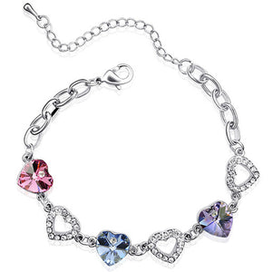 Colorful Heart Swarovski Crystal Elements Bracelet Rhodium Plated  - Purple, Pink, Blue | Dahlia