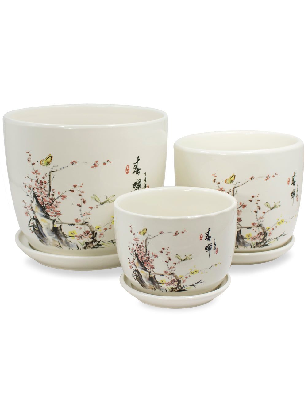 ceramic flower pots with attached saucer Hand Painted Ceramic Planters (with attached saucer) Set of 3 | Plant Pots