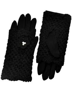 Two in One Faux Pearl Flower Wool Blend Crochet Gloves