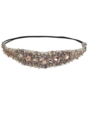 Dazzling Rhinestone Faux Pearl Champagne Elastic Headband