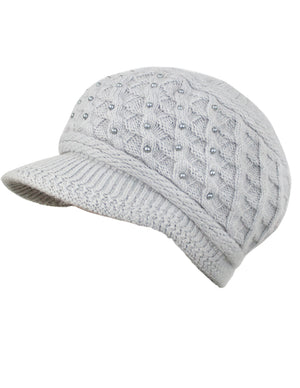 Faux Pearl Accent Dual Layer Angora Blend Newsboy Cap Hat