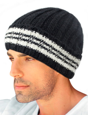 Men's Knit Beanie, Soft & Warm Hat, Stripe, Black