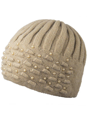Angora Blend Beanie Hat - Dual Layer Pearl Accent Edge - Dahlia