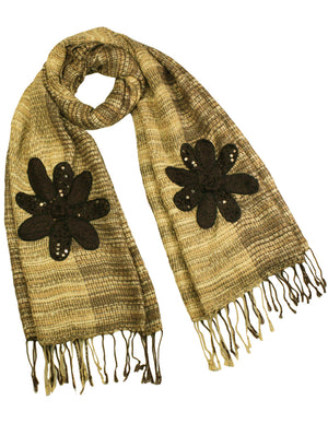 Fashion Knitted Sequined Flowers Tassels Ends Long Scarf Shawl