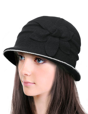 Dahlia Women's Winter Hat – Warm Wool Bucket Hat, Vintage Hand Beaded Faux Pearl