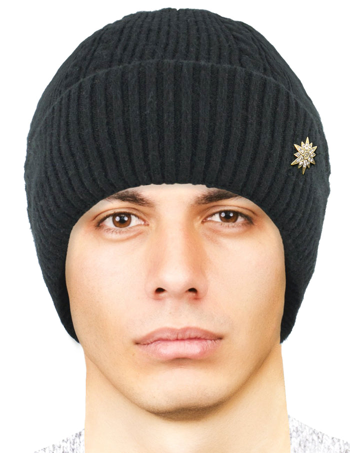 Men's Angora Cable Knit Beanie for Larger Head, Velour Lined