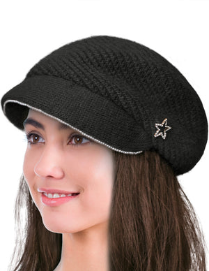 Dahlia Women's Newsboy Cap - Angora Blend Winter Knitted Hat, Hand Beaded Faux Pearl with Detachable star Pin