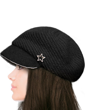 Dahlia Women's Newsboy Cap - Angora Blend Winter Knitted Hat, Hand Beaded Faux Pearl with Detachable star Pin