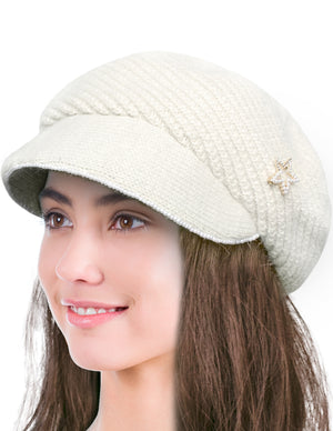 Dahlia Women's Newsboy Cap - Angora Blend Winter Knitted Hat, Hand Beaded Faux Pearl with Detachable star Pin