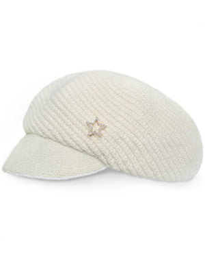 Dahlia Women's Newsboy Cap - Angora Blend Winter Knitted Hat, Hand Beaded Faux Pearl with Detachable star Pin