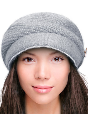 Dahlia Women's Newsboy Cap - Angora Blend Winter Knitted Hat, Hand Beaded Faux Pearl with Detachable star Pin