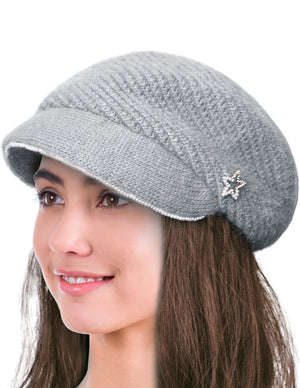 Dahlia Women's Newsboy Cap - Angora Blend Winter Knitted Hat, Hand Beaded Faux Pearl with Detachable star Pin