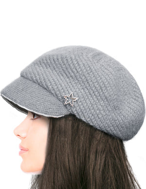 Dahlia Women's Newsboy Cap - Angora Blend Winter Knitted Hat, Hand Beaded Faux Pearl with Detachable star Pin