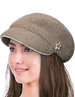 Dahlia Women's Newsboy Cap - Angora Blend Winter Knitted Hat, Hand Beaded Faux Pearl with Detachable star Pin