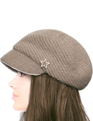 Dahlia Women's Newsboy Cap - Angora Blend Winter Knitted Hat, Hand Beaded Faux Pearl with Detachable star Pin