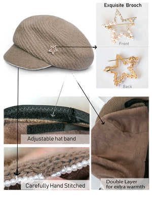 Dahlia Women's Newsboy Cap - Angora Blend Winter Knitted Hat, Hand Beaded Faux Pearl with Detachable star Pin