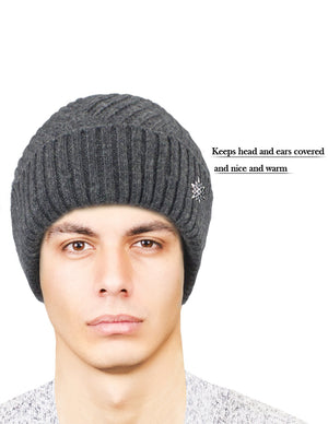 Men's Wool Blend Knit Beanie Hat Velour Fleece Lined, Twill Weave