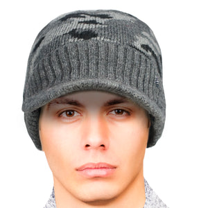 Men's Wool Blend Visor Beanie Cap, Velour Fleece Lined