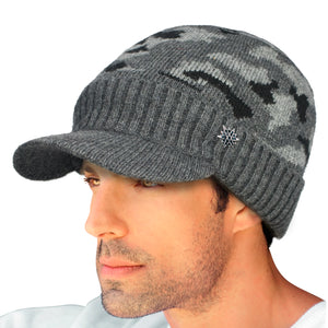 Men's Wool Blend Visor Beanie Cap, Velour Fleece Lined