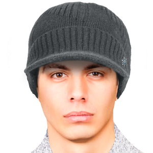 Men's Striped Wool Blend Visor Beanie Cap, Velour Fleece Lined