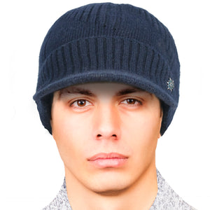 Men's Striped Wool Blend Visor Beanie Cap, Velour Fleece Lined