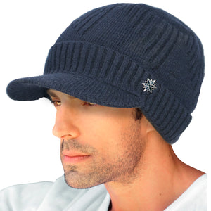 Men's Striped Wool Blend Visor Beanie Cap, Velour Fleece Lined