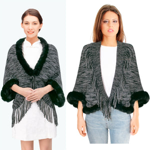 Dahlia Women's Fall Poncho Cape - Faux Fur-Trimmed Edge & Sleeves, Soft Acrylic Knit