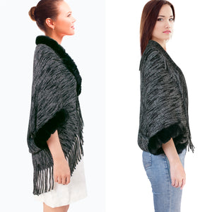 Dahlia Women's Fall Poncho Cape - Faux Fur-Trimmed Edge & Sleeves, Soft Acrylic Knit