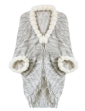 Dahlia Women's Fall Poncho Cape - Faux Fur-Trimmed Edge & Sleeves, Soft Acrylic Knit
