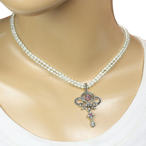 [product type] | Fleur-de-lis Seed Pearl Sterling Silver Pendant w. White Double Strand Cultured Pearl Chain - Dahlia Vintage Collection | Dahlia