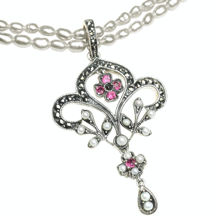 Fleur-de-lis Seed Pearl Sterling Silver Pendant w. White Double Strand Cultured Pearl Chain - Dahlia Vintage Collection