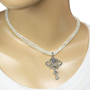 [product type] | Fleur-de-lis Seed Pearl Sterling Silver Pendant Necklace & Chandelier Earrings Set - Dahlia Vintage Collection | Dahlia