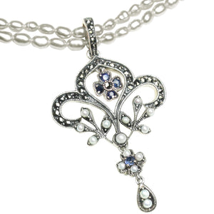 [product type] | Fleur-de-lis Seed Pearl Sterling Silver Pendant w. White Double Strand Cultured Pearl Chain - Dahlia Vintage Collection | Dahlia