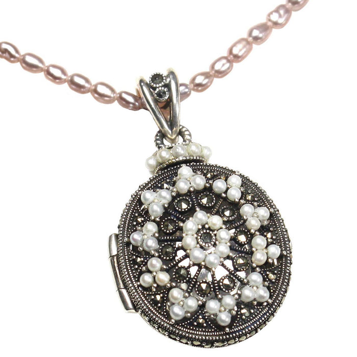Etched Locket Seed Pearl Sterling Silver Pendant w. Lavender Cultured Pearl Chain 16" - Dahlia Vintage Collection