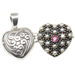 [product type] | Heart Shaped Locket Seed Pearl Sterling Silver Pendant Necklace - Dahlia Vintage Collection | Dahlia