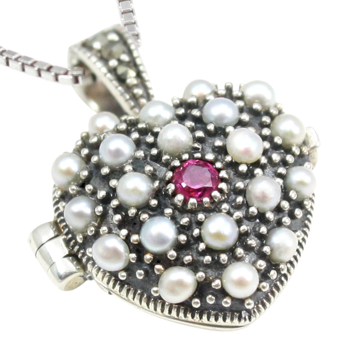 Heart Shaped Locket Seed Pearl Sterling Silver Pendant Necklace - Dahlia Vintage Collection