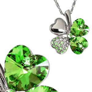 Four Leaf Clover Swarovski Crystal Elements Pendant Necklace, Earrings and Bracelet Set Rhodium Plated  | Dahlia