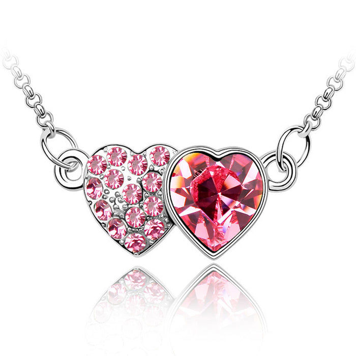 Double Heart Necklace w/ Swarovski Crystals  | Rhodium Plated | Dahlia