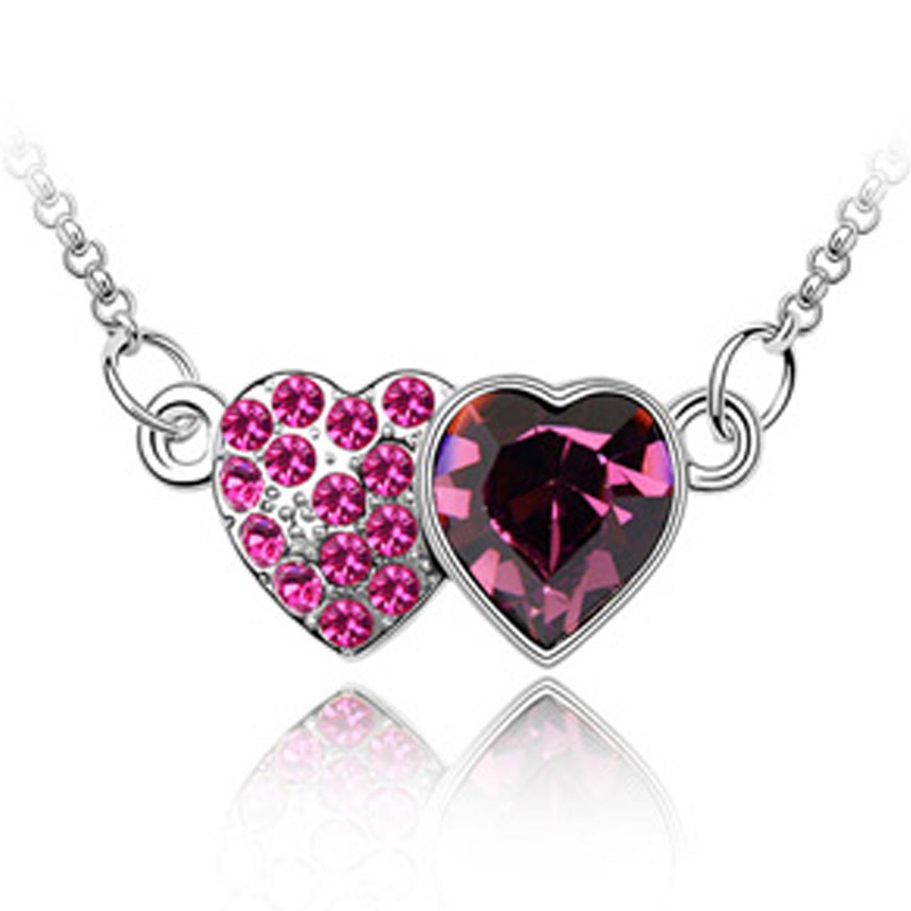 Double Heart Necklace w Swarovski Crystals Dahlia Purple