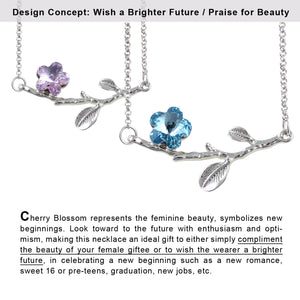 Spring Bloom Cherry Blossom Shaped Swarovski Elements Crystal Rhodium Plated Necklace and Earrings Set - Blue | Dahlia