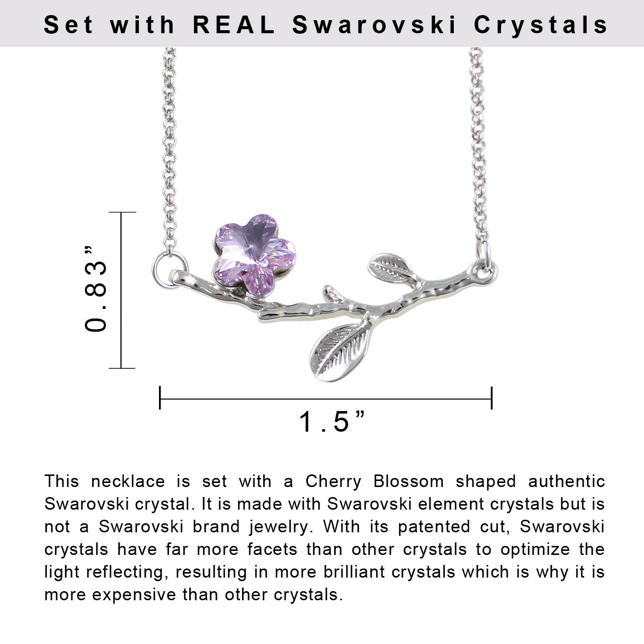 Cherry Blossom Branch Necklace w Swarovski Crystals Rhodium Plated Dahlia