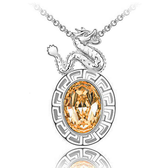 Chinese Zodiac Year of Dragon Golden Pendant Necklace w/ Swarovski Crystals  | Rhodium Plated | Dahlia