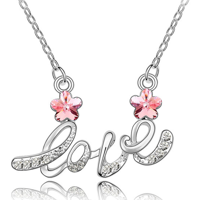 Letter Love Cherry Blossom Necklace w/ Swarovski Crystals  | Rhodium Plated | Dahlia