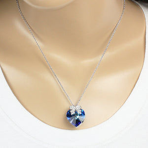 Ribbon Bow Love Heart Shaped Swarovski Crystal Elements Pendant Necklace Rhodium Plated  - Bermuda Blue | Dahlia