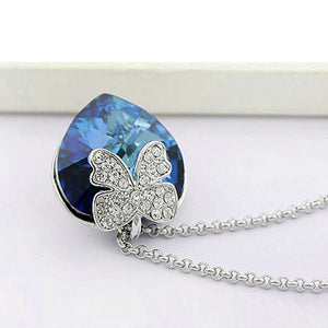 Ribbon Bow Love Heart Shaped Swarovski Crystal Elements Pendant Necklace Rhodium Plated  - Bermuda Blue | Dahlia