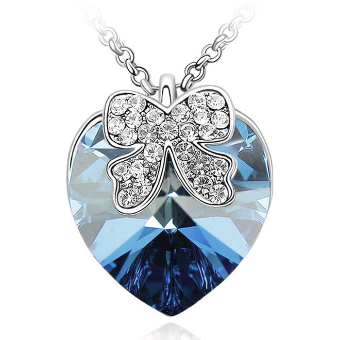 Heart with Bow Pendant Necklace w/ Swarovski Crystals - Bermuda Blue| Rhodium Plated | Dahlia