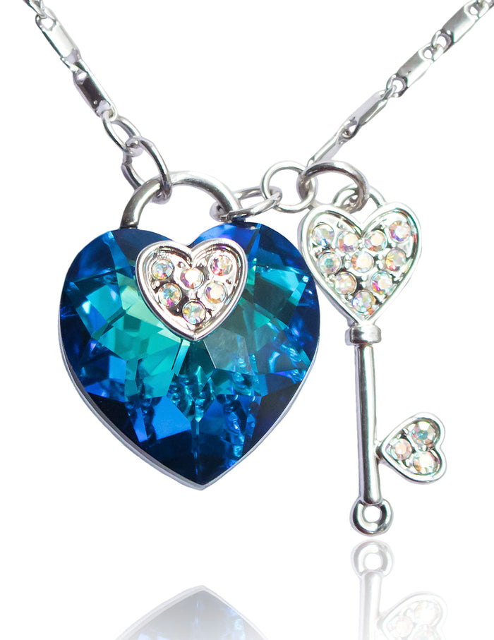 Heart Lock Key Pendant Necklace  w/ Swarovski Crystals  | Rhodium Plated  18" with 1.5" Extender | Dahlia