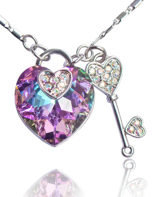Heart Lock Key Swarovski Crystal Pendant Necklace Rhodium Plated  with  18" with 1.5" Extender | Dahlia
