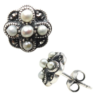 [product type] | Dahlia Vintage Collection Seed Pearl Four Petal Cross-Stitch Sterling Silver Stud Earrings | Dahlia